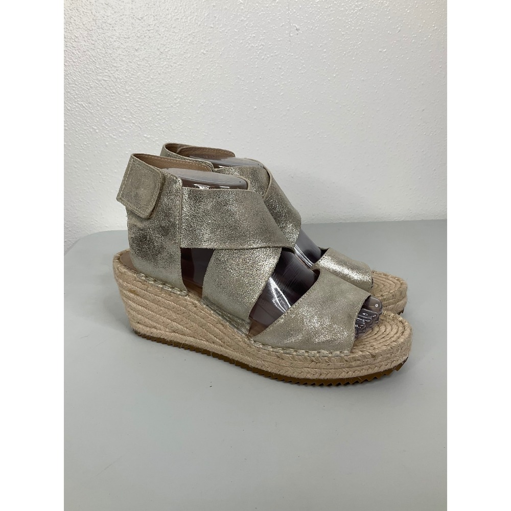 Eileen Fisher Metallic Gold Leather Espadrille Wedge‎ Sandals Womens 9.5